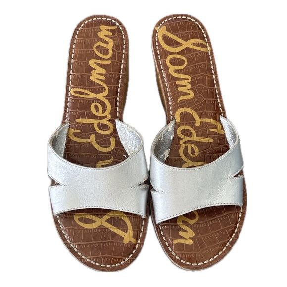 Sam Edelman Reid Metallic Leather Slide Sandals Wedge Heels - Picture 2 of 5